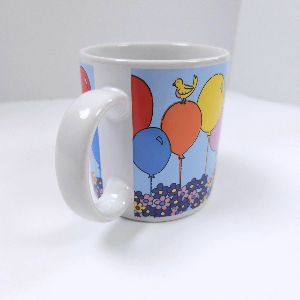 Russ Berrie Vintage Happy Birthday Mug Balloons Flowers Birds 14oz Cup Ceramic - Picture 6 of 10